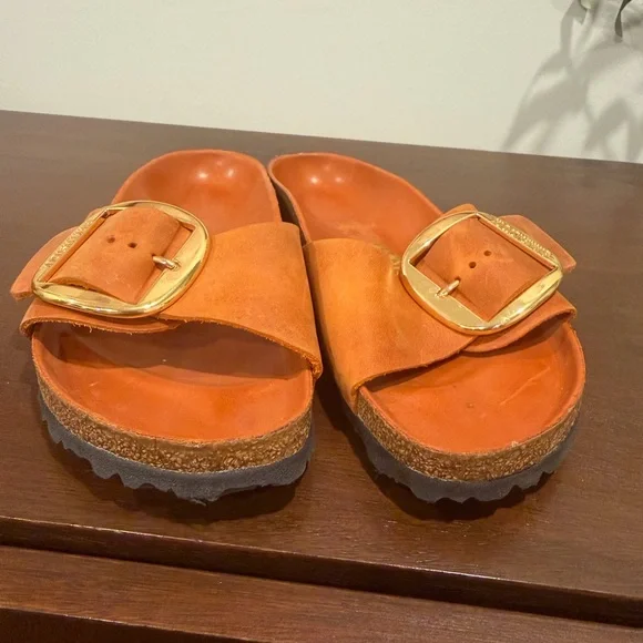 Birkenstock Madrid Big Buckle | Tan/Orange Slides with Gold Buckle - Picture 13 of 15